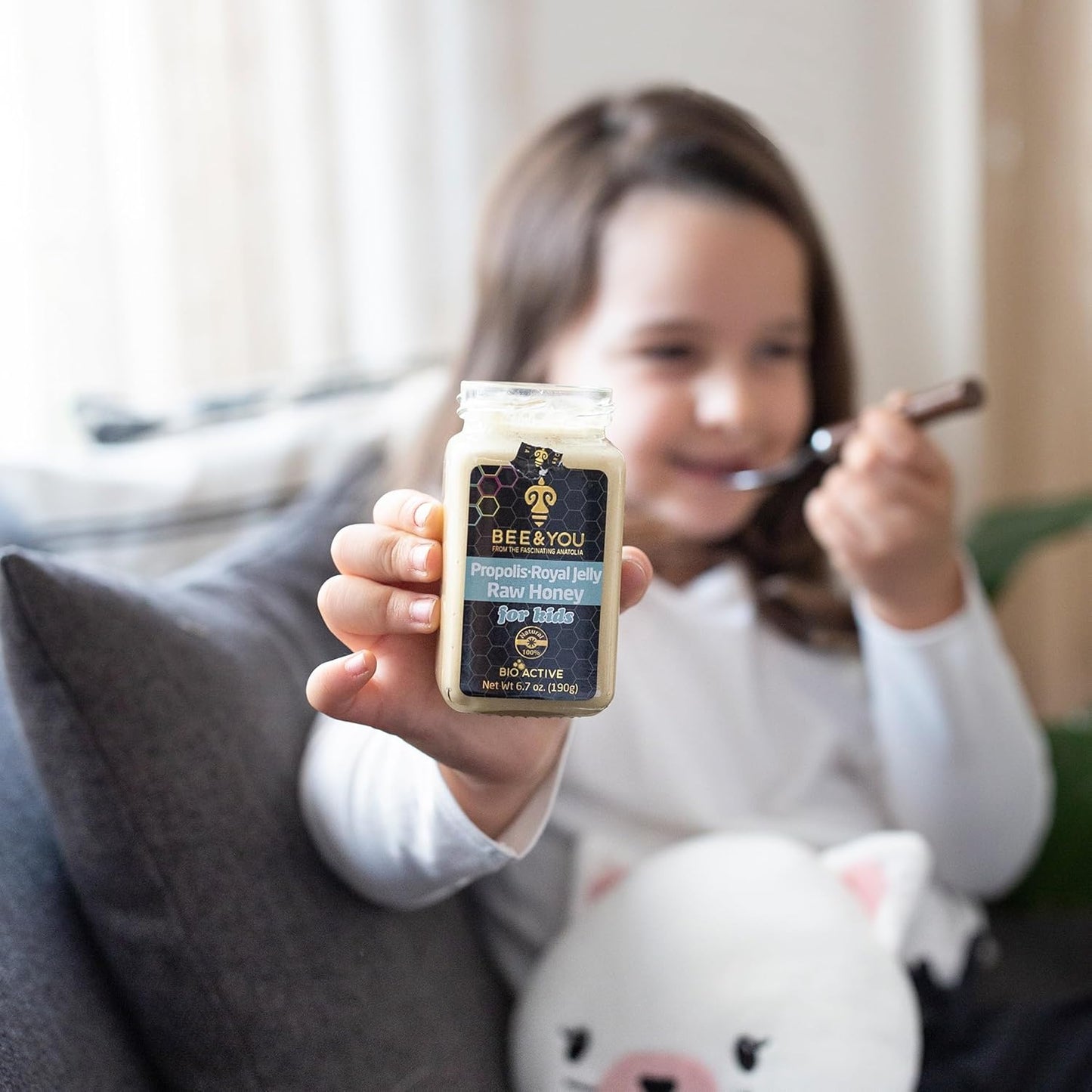 100% Natural BEE & YOU Royal Jelly Raw Honey For Kids - Propolis Extract, Superfood Supplement, Ultra Pure, Antioxidants - Keto, Paleo, Gluten-Free - 6.7 oz Jar