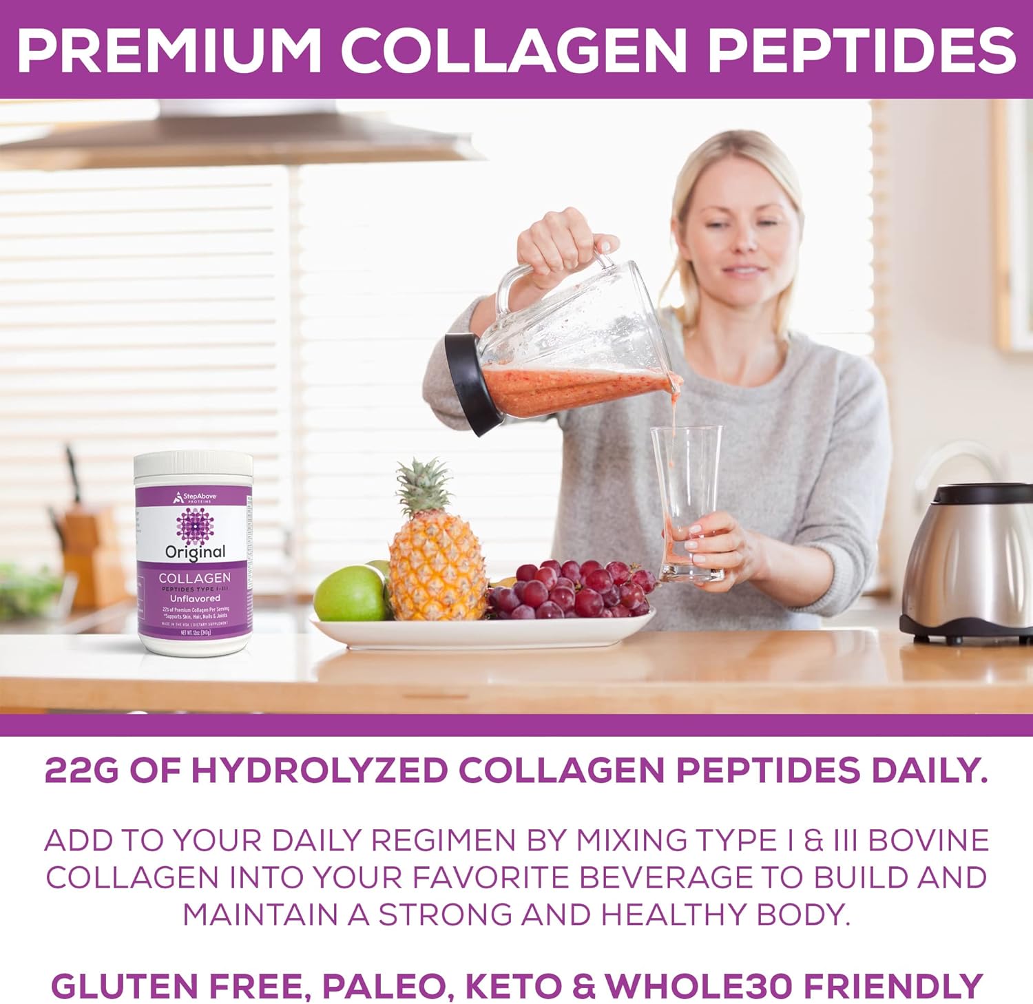 100% Natural Bovine Collagen Peptides, Premium Hydrolyzed Type I-III - 12 Oz