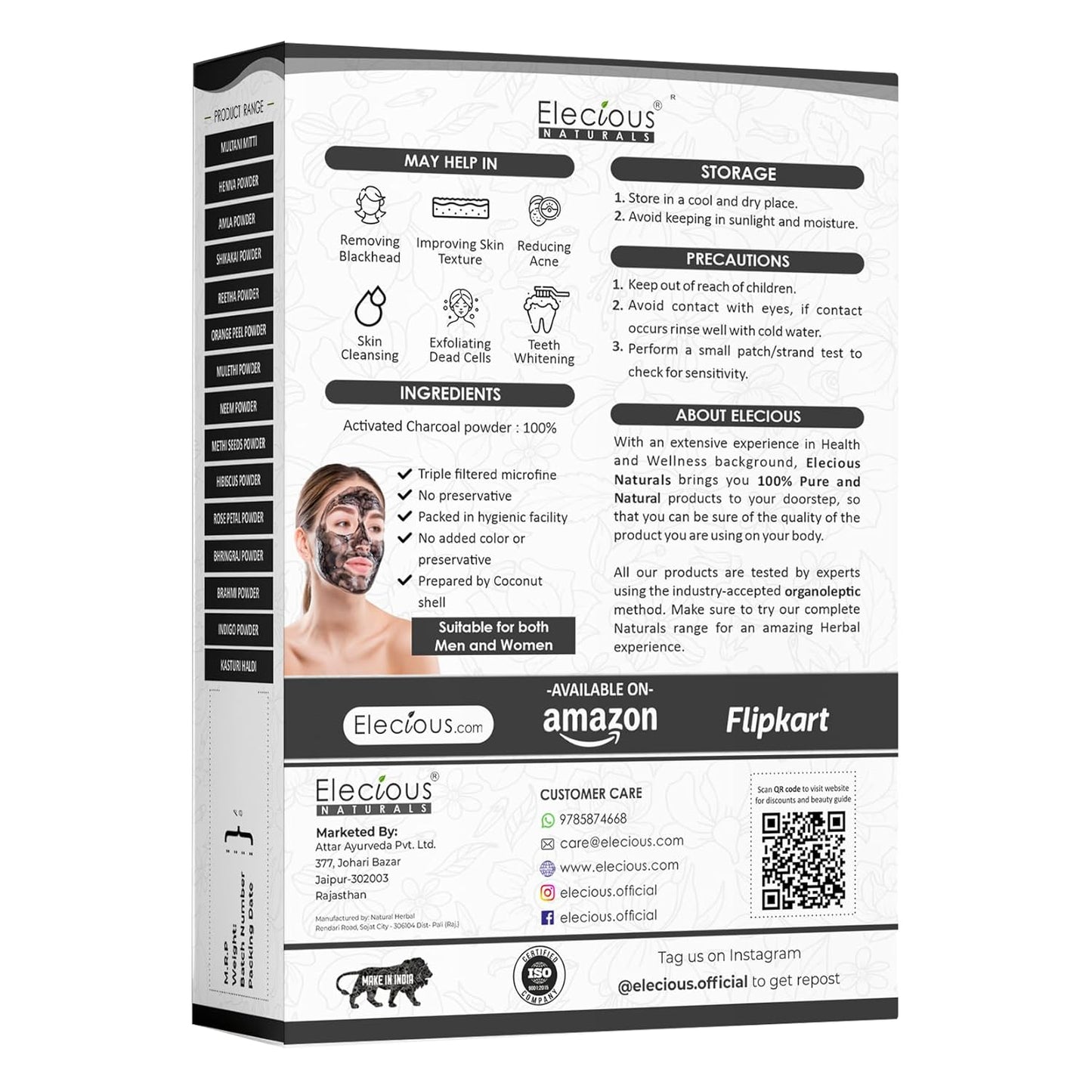 100% Natural Elecious Naturals Coconut Charcoal Powder 200gm - Ideal for Detoxifying Skin, Removing Dead Skin, and Impurities