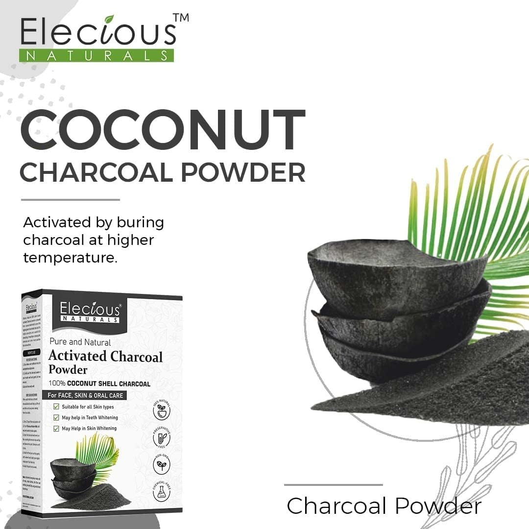 100% Natural Elecious Naturals Coconut Charcoal Powder 200gm - Ideal for Detoxifying Skin, Removing Dead Skin, and Impurities