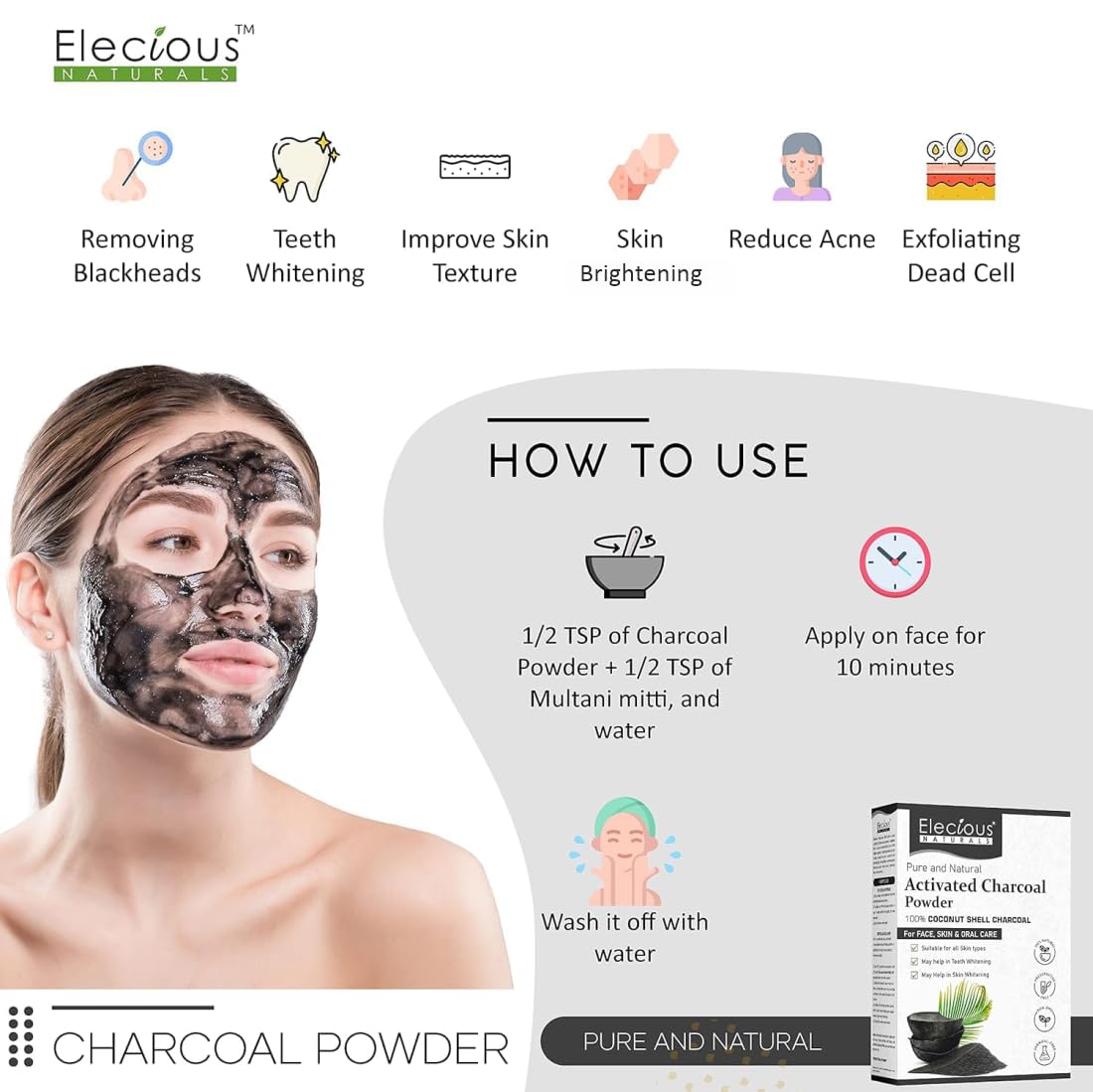 100% Natural Elecious Naturals Coconut Charcoal Powder 200gm - Ideal for Detoxifying Skin, Removing Dead Skin, and Impurities