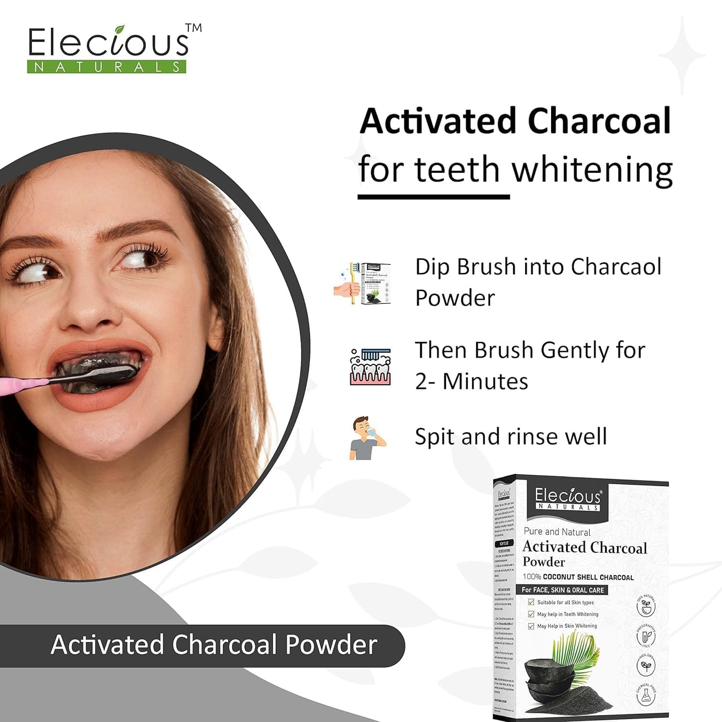 100% Natural Elecious Naturals Coconut Charcoal Powder 200gm - Ideal for Detoxifying Skin, Removing Dead Skin, and Impurities