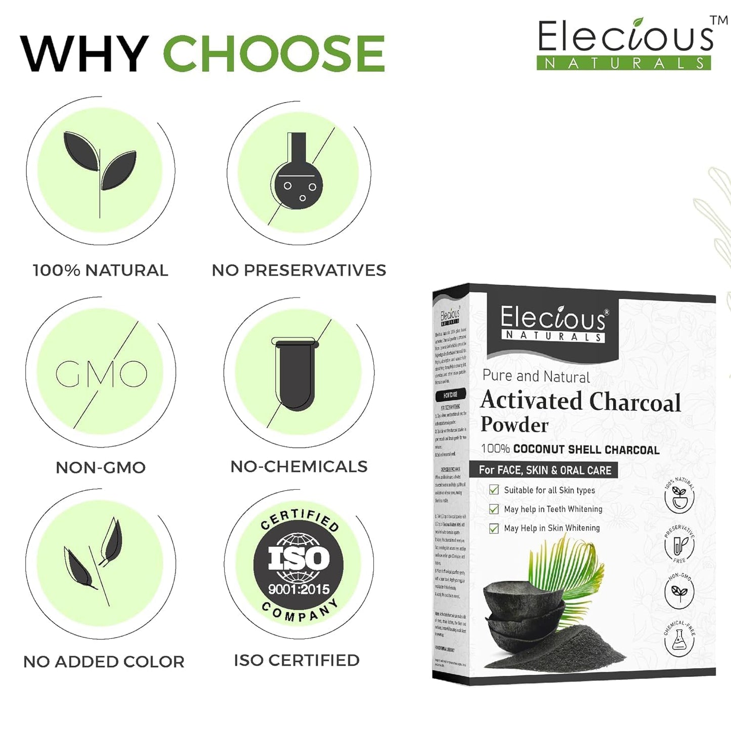 100% Natural Elecious Naturals Coconut Charcoal Powder 200gm - Ideal for Detoxifying Skin, Removing Dead Skin, and Impurities