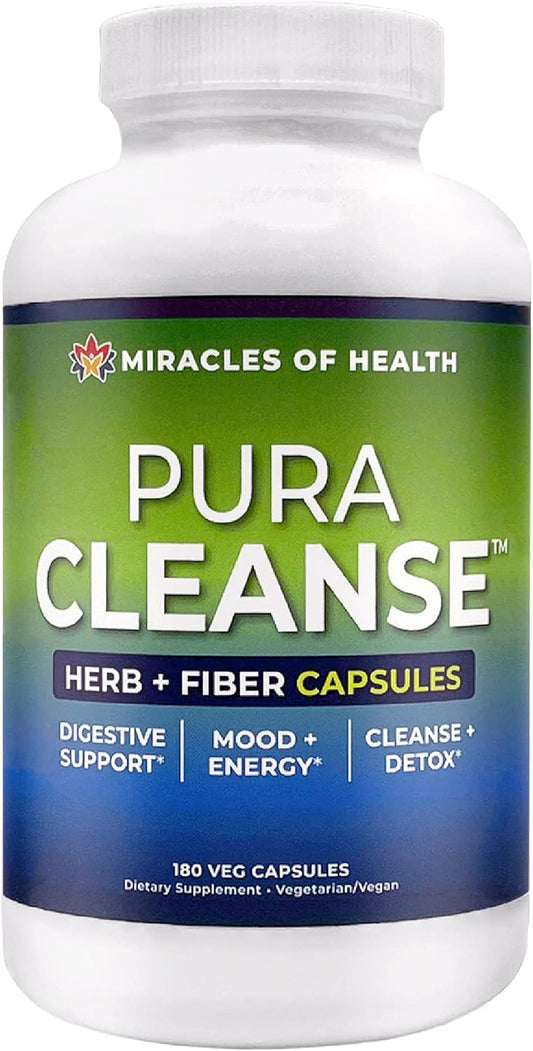 100% Natural Herb and Fiber Detox Capsules - Miracles of Health Pura Cleanse Fiber Caps - 1 Month Supply