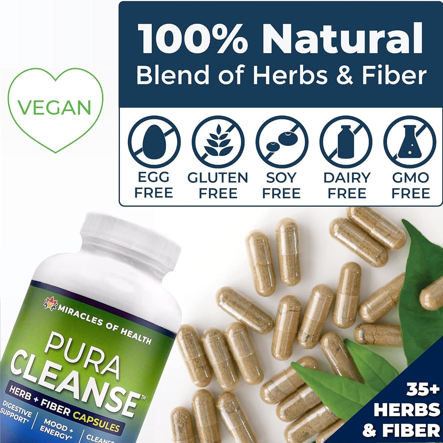 100% Natural Herb and Fiber Detox Capsules - Miracles of Health Pura Cleanse Fiber Caps - 1 Month Supply