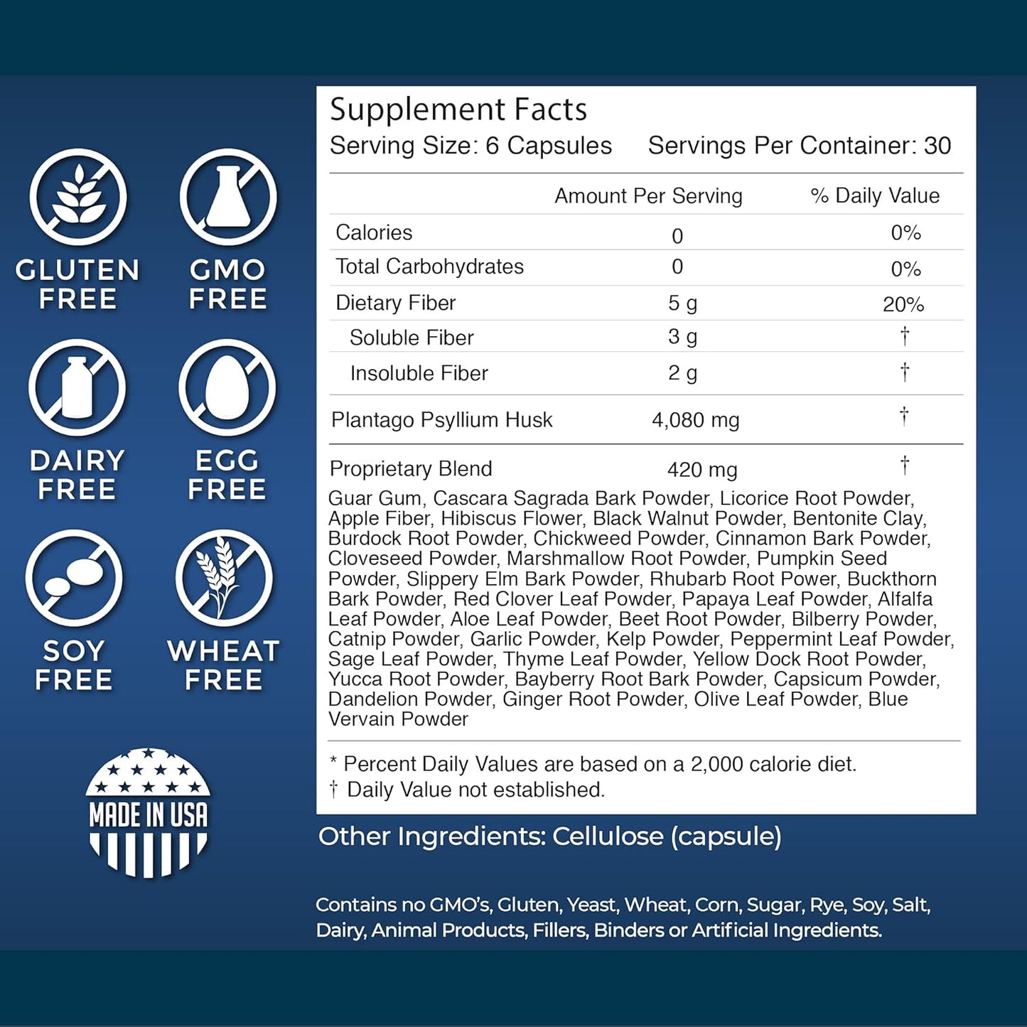 100% Natural Herb and Fiber Detox Capsules - Miracles of Health Pura Cleanse Fiber Caps - 1 Month Supply