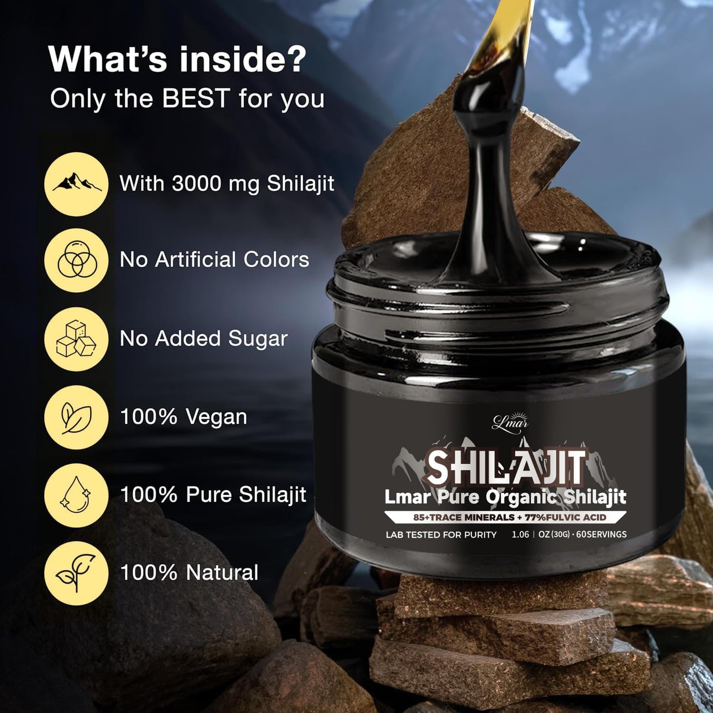 100% Natural Himalayan Shilajit Resin Supplement | Organic 75 Servings for Men & Women | Lab Tested, Rich in 85+ Trace Minerals & 77% Fulvic Acid