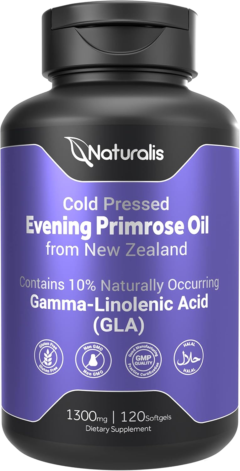 100% Natural New Zealand Evening Primrose Oil Softgels - 1300mg, Non-GMO, Soy & Gluten Free (120 Count)