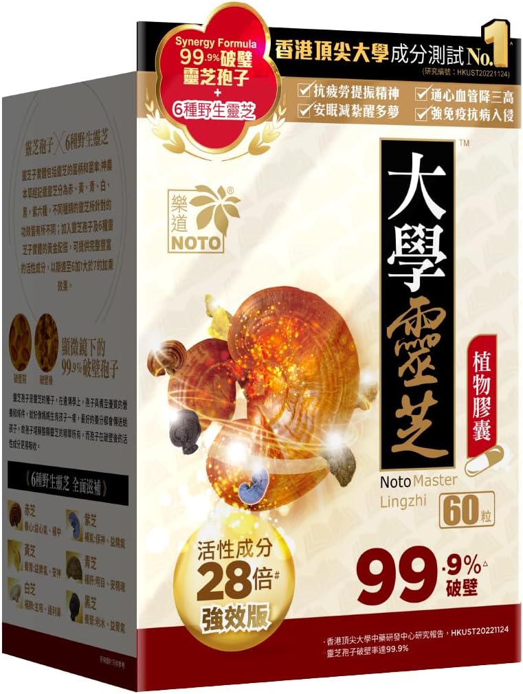 100% Natural NOTO Master Reishi Mushroom Lingzhi Capsules for Energy and Immune Support - 60 Count