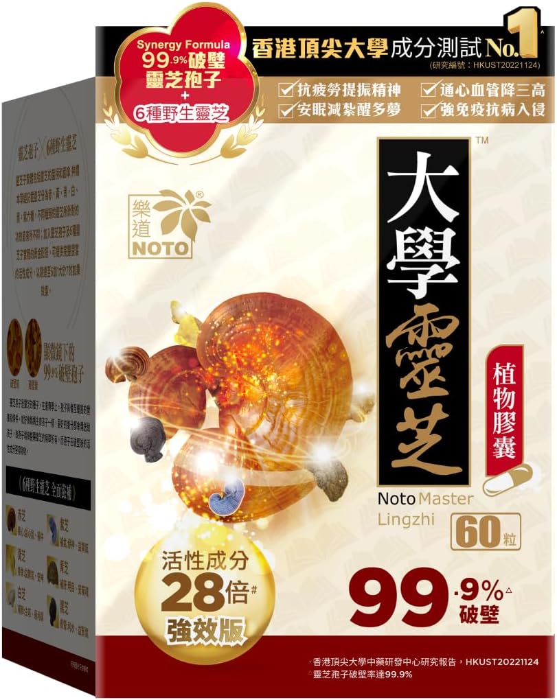 100% Natural NOTO Master Reishi Mushroom Lingzhi Capsules for Energy and Immune Support - 60 Count