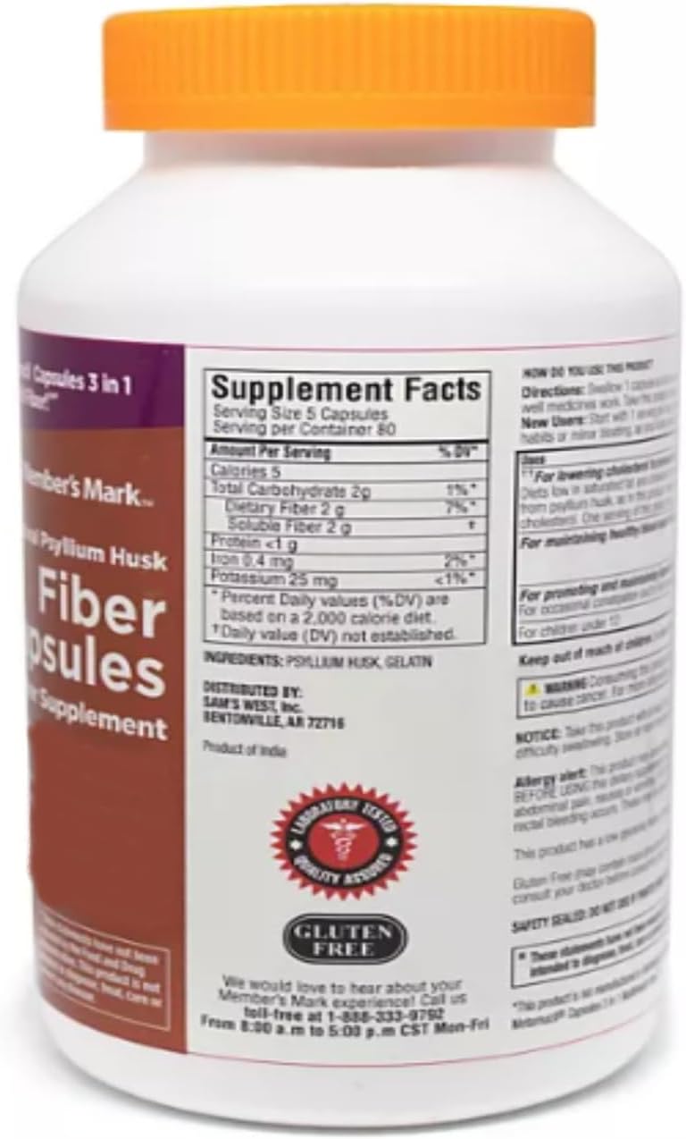 100% Natural Psyllium Husk Fiber Capsules for Digestive Health - 400 Count