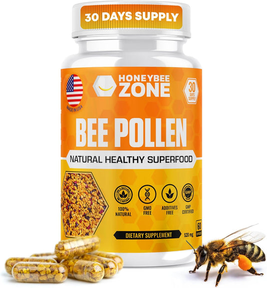 100% Natural Raw Bee Pollen Supplement in Veggie Caps - Fermented Multivitamin with Probiotics, Superfood with Vital Proteins, Amino Acids - Immune Support & Energy Boost - 60 Capsules