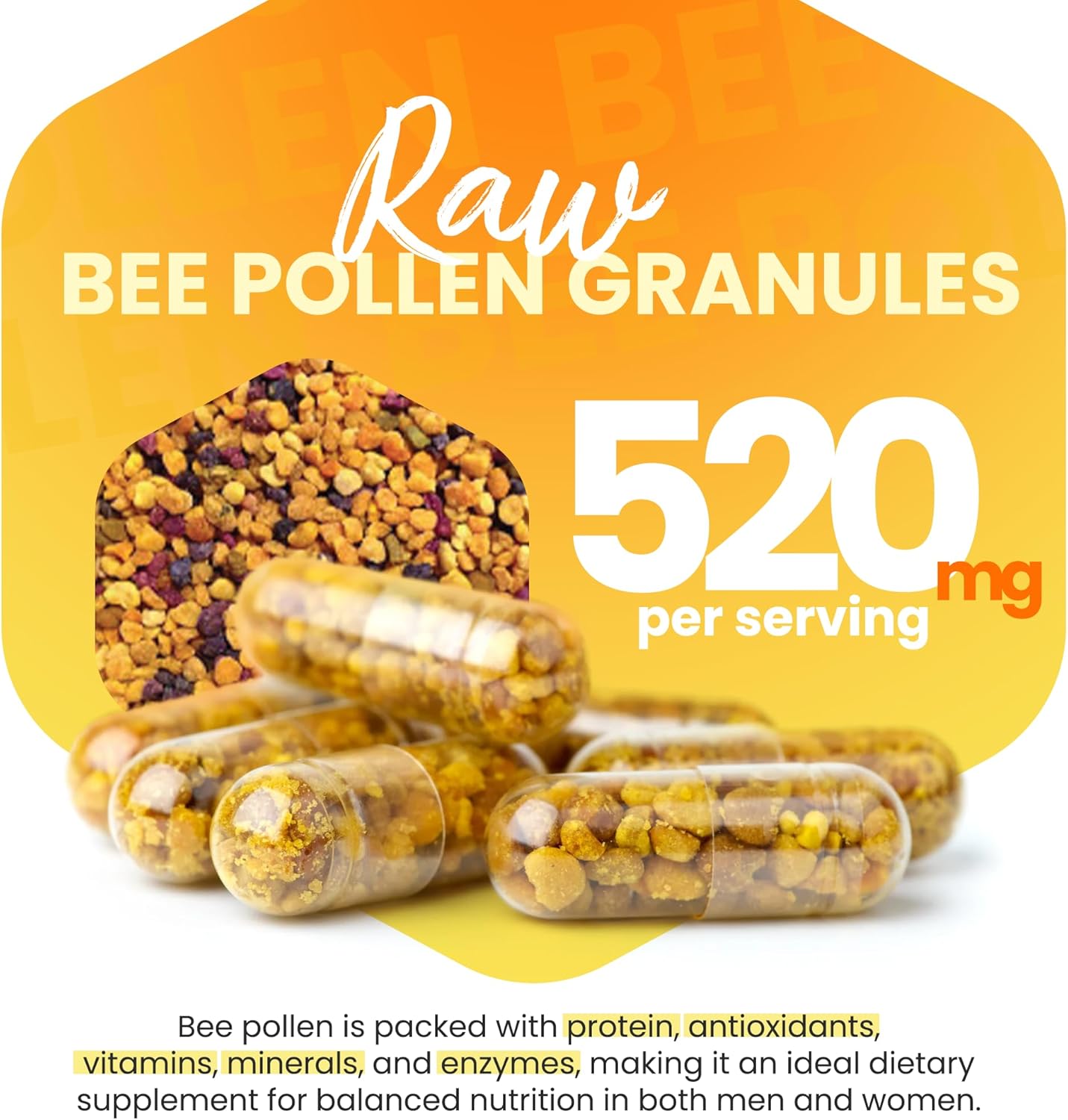 100% Natural Raw Bee Pollen Supplement in Veggie Caps - Fermented Multivitamin with Probiotics, Superfood with Vital Proteins, Amino Acids - Immune Support & Energy Boost - 60 Capsules