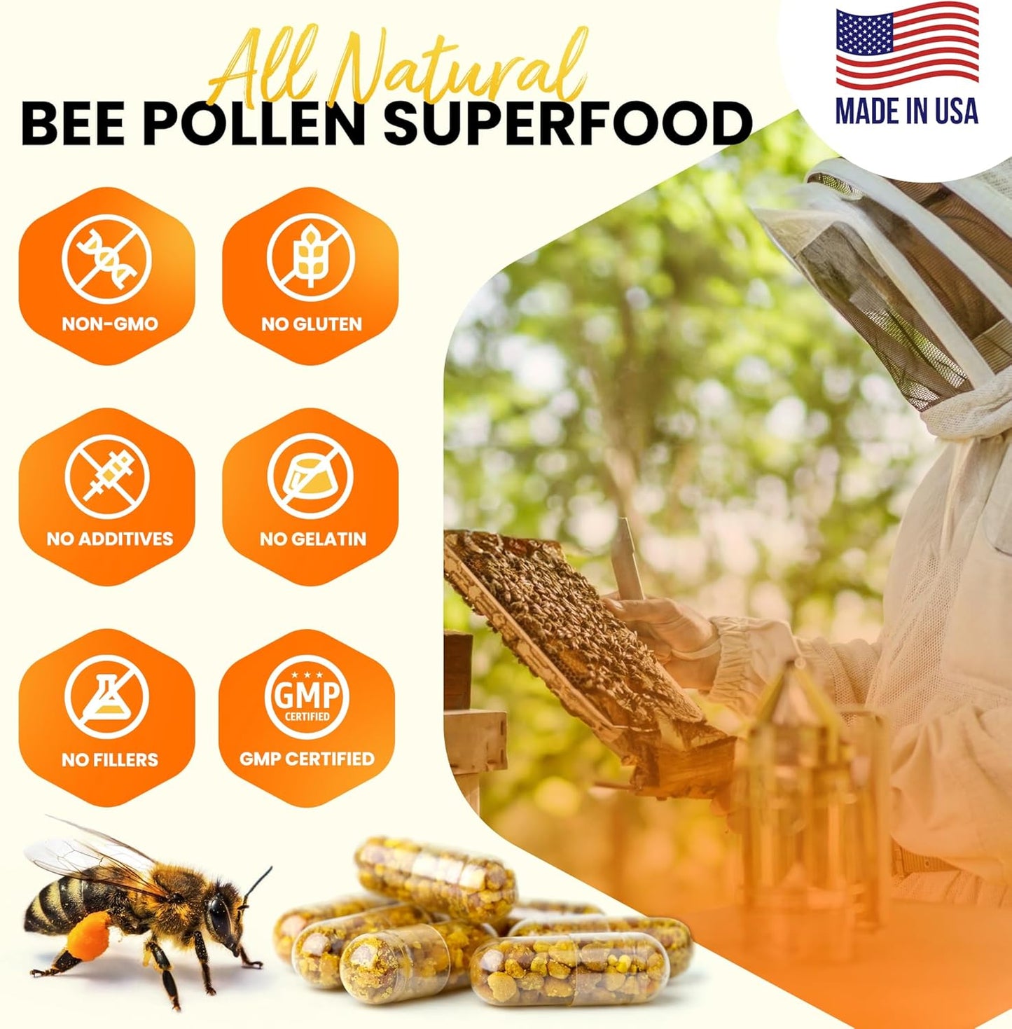 100% Natural Raw Bee Pollen Supplement in Veggie Caps - Fermented Multivitamin with Probiotics, Superfood with Vital Proteins, Amino Acids - Immune Support & Energy Boost - 60 Capsules