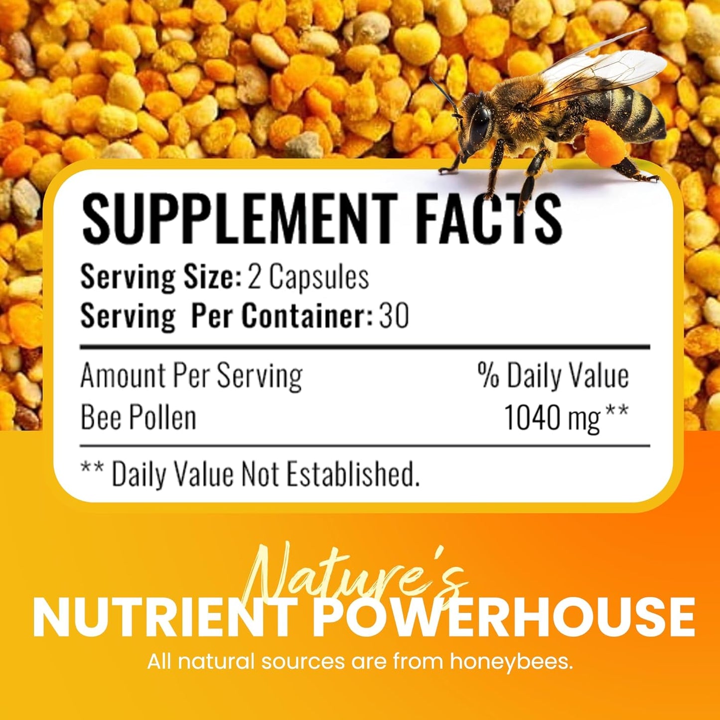 100% Natural Raw Bee Pollen Supplement in Veggie Caps - Fermented Multivitamin with Probiotics, Superfood with Vital Proteins, Amino Acids - Immune Support & Energy Boost - 60 Capsules