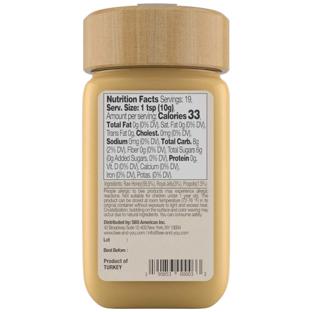 100% Natural Superfood: BEE & YOU Royal Jelly Raw Honey with Propolis Extract - Immune Support, Antioxidants, Keto, Paleo - 6.7 oz
