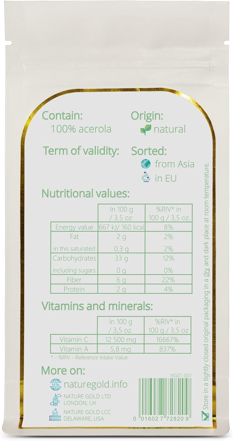 100% Natural & Vegan Nature Gold ACEROLA Powder | 250g - 8.8oz | High Vitamin C Content | Freeze-Dried Raw Cherry Extract | Immunity Boosting Supplement