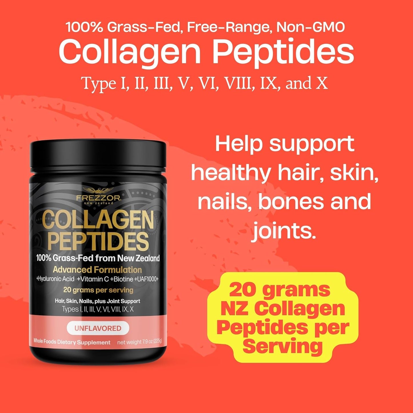 100% New Zealand Hydrolyzed Beef Bone Collagen Powder for Youthful Skin, Hair & Nails - Unflavored 225g Jar