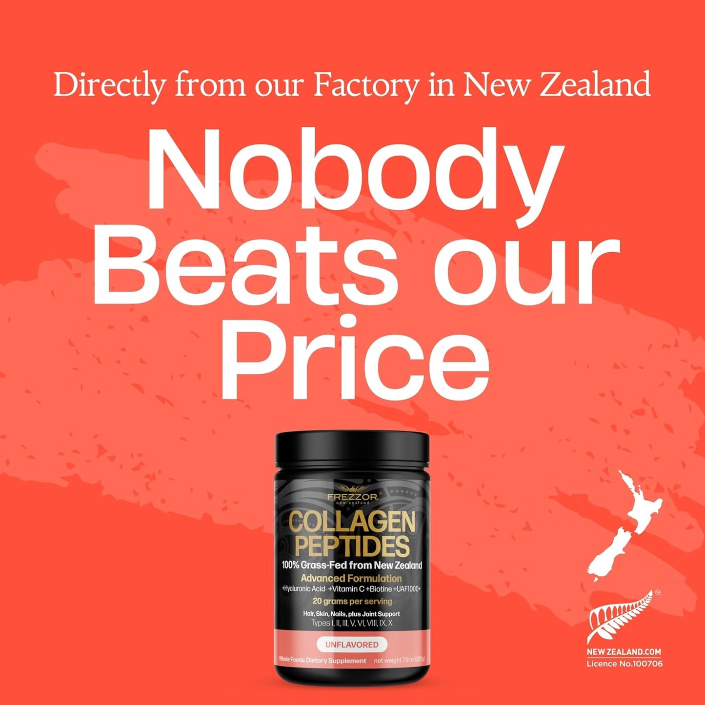 100% New Zealand Hydrolyzed Beef Bone Collagen Powder for Youthful Skin, Hair & Nails - Unflavored 225g Jar