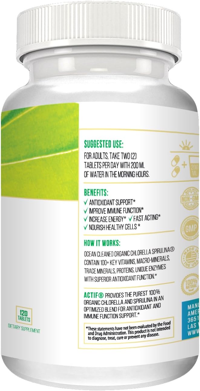 100% Organic Chlorella and Spirulina Tablets, Made in USA, Non-GMO, Best Detox and Vegan Supplement - 120 Tablets