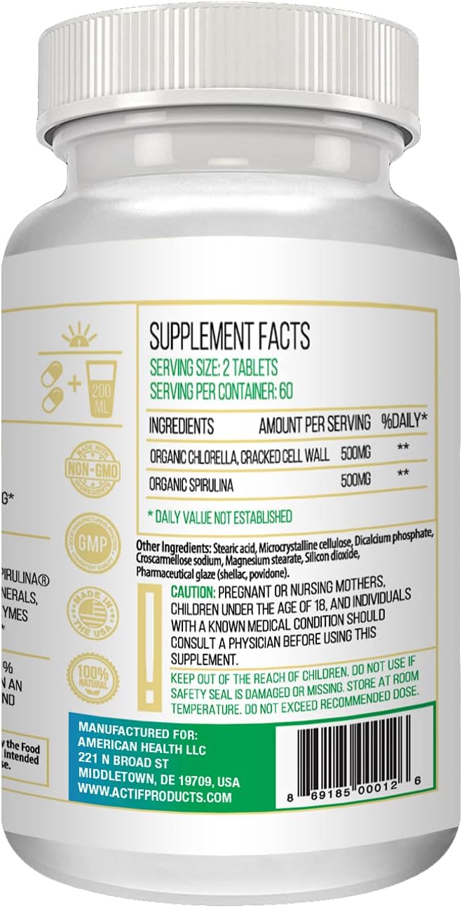 100% Organic Chlorella and Spirulina Tablets, Made in USA, Non-GMO, Best Detox and Vegan Supplement - 120 Tablets