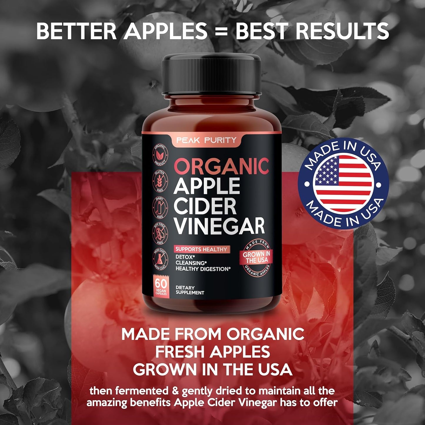 100% Organic Raw Apple Cider Vinegar Capsules for Natural Detox & Healthy Digestion - Tasteless & Easy to Swallow - 1000 mg Strength