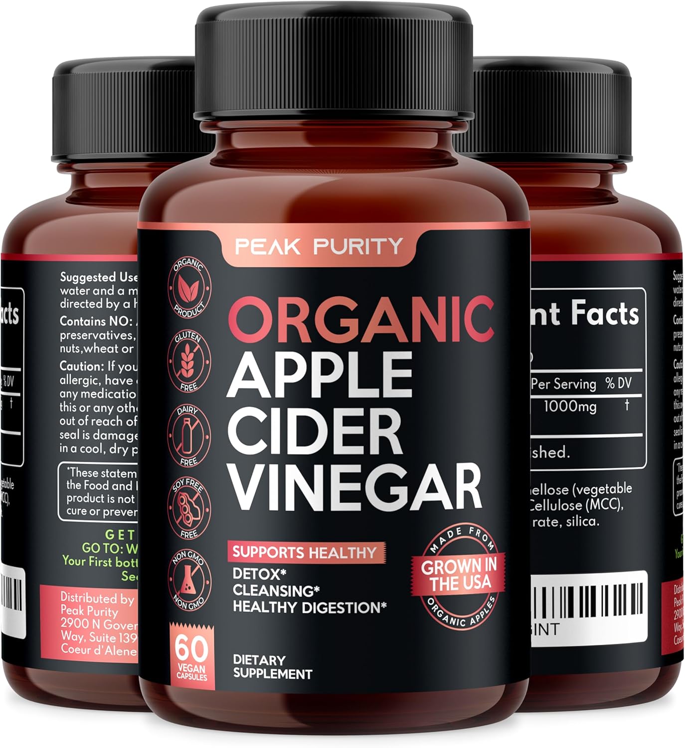 100% Organic Raw Apple Cider Vinegar Capsules for Natural Detox & Healthy Digestion - Tasteless & Easy to Swallow - 1000 mg Strength