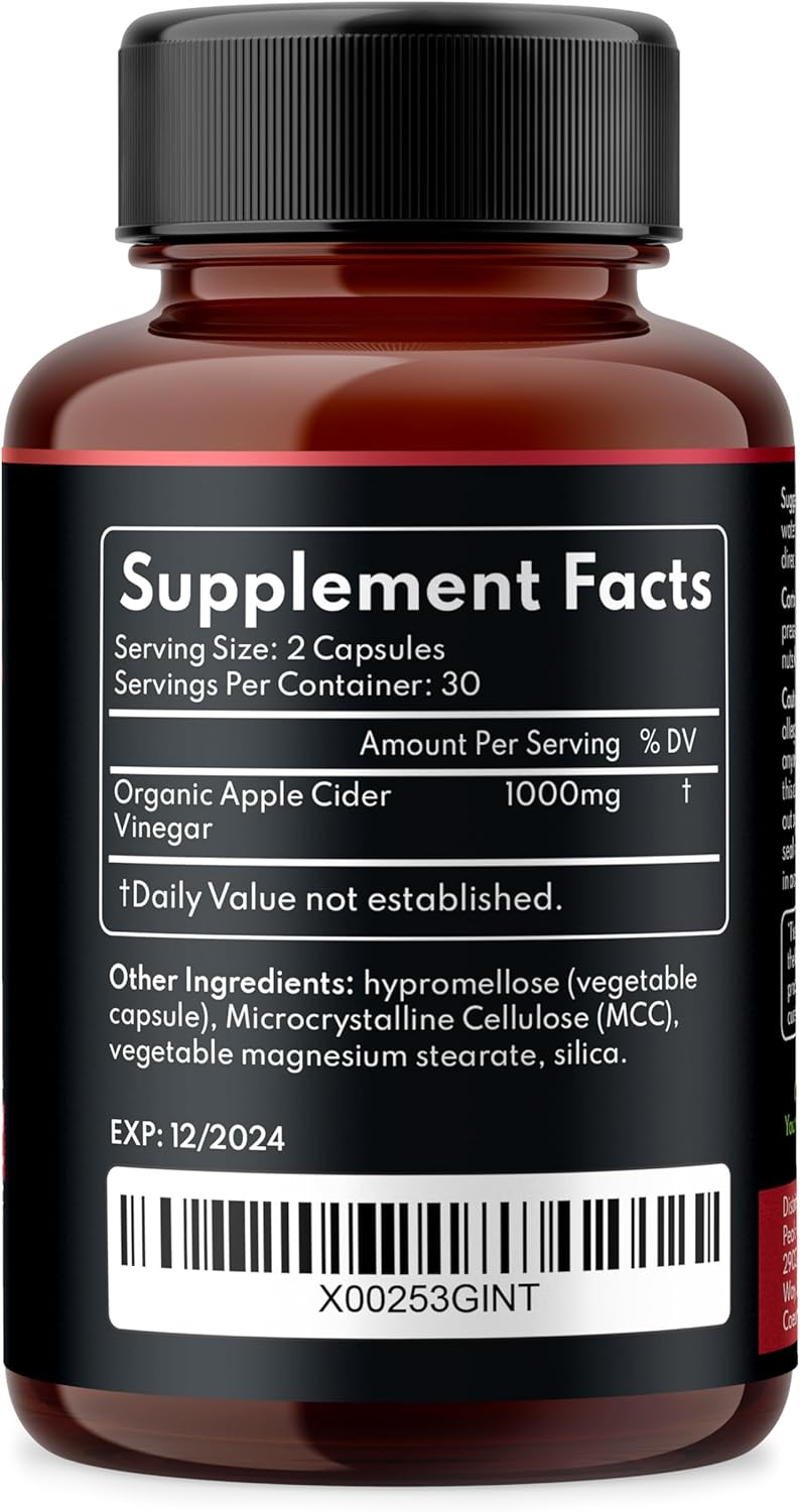 100% Organic Raw Apple Cider Vinegar Capsules for Natural Detox & Healthy Digestion - Tasteless & Easy to Swallow - 1000 mg Strength