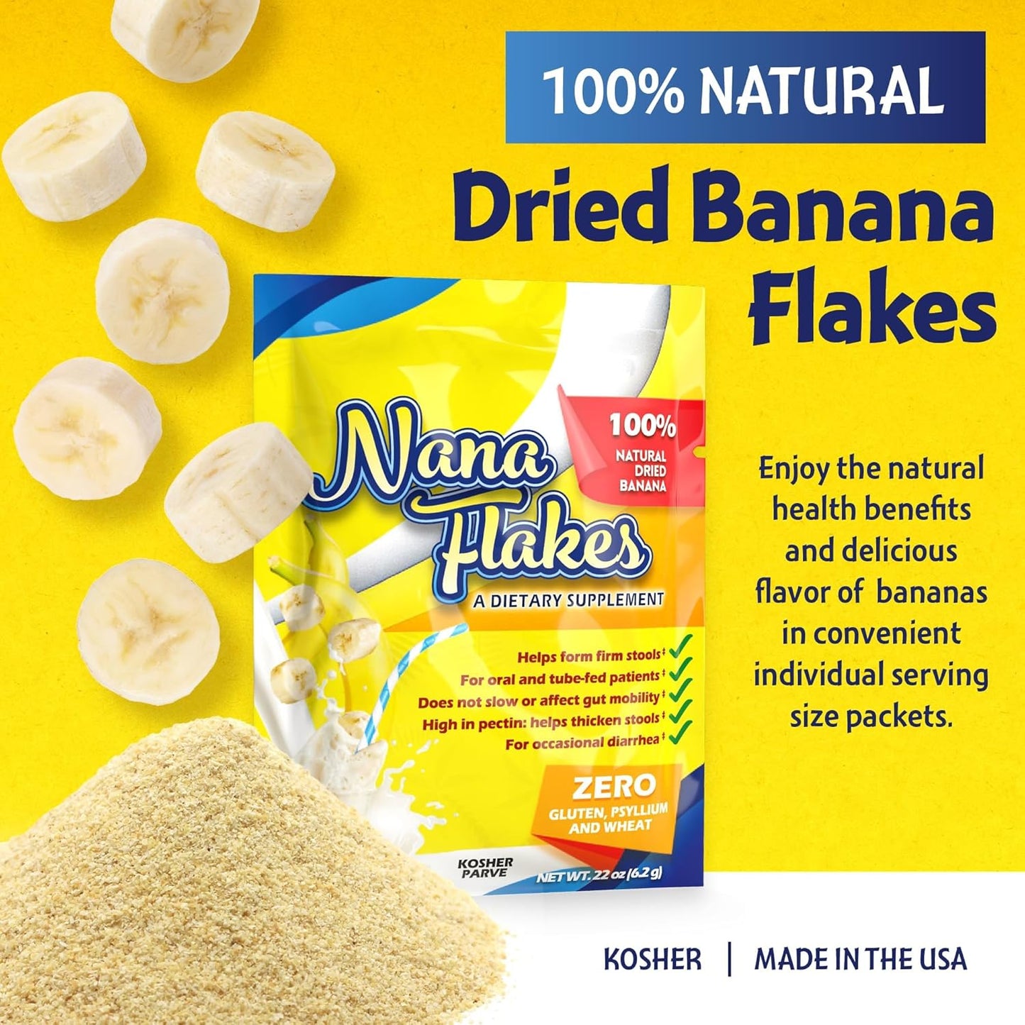 100% Pure Banana Flakes Powder - Nutritional Designs Nana Flakes for Diarrhea & Heartburn Relief - High Protein & Fiber, Decrease Fat Intake - 25 Single-Serve Packs