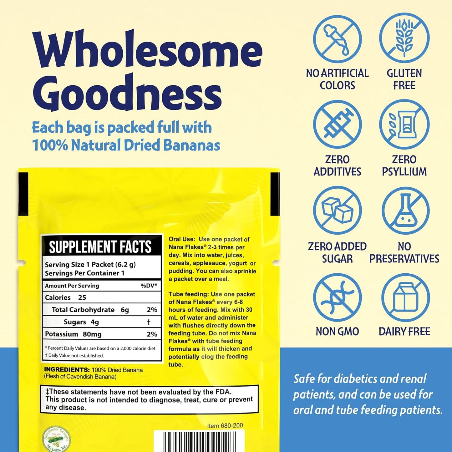 100% Pure Banana Flakes Powder - Nutritional Designs Nana Flakes for Diarrhea & Heartburn Relief - High Protein & Fiber, Decrease Fat Intake - 25 Single-Serve Packs