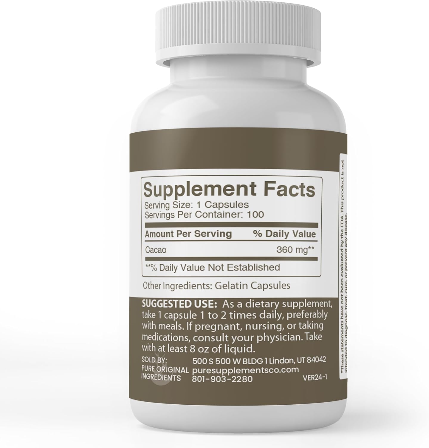 100 Pure Cacao Capsules - Original Ingredients, No Fillers, Lab Verified