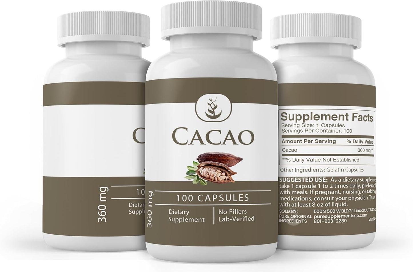 100 Pure Cacao Capsules - Original Ingredients, No Fillers, Lab Verified