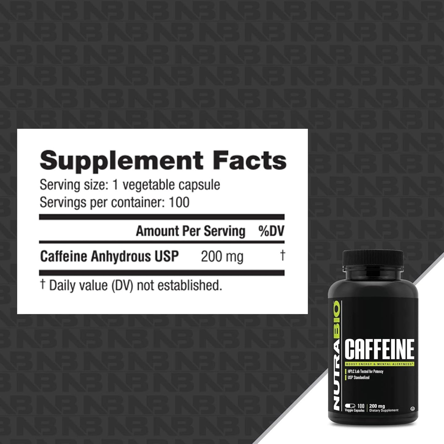 100% Pure Caffeine Capsules - 100 Capsules by NutraBio