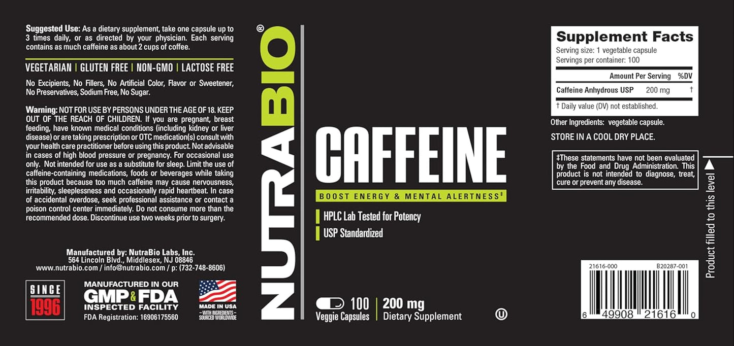 100% Pure Caffeine Capsules - 100 Capsules by NutraBio