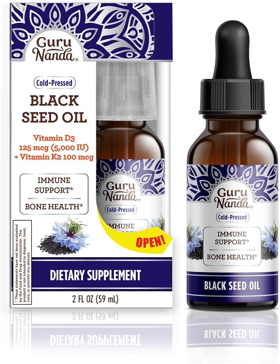 100% Pure Cold-Pressed Black Seed Oil with Vitamin D3, K2, and E - Natural Skin and Hair Care - 2 Fl Oz Bottle