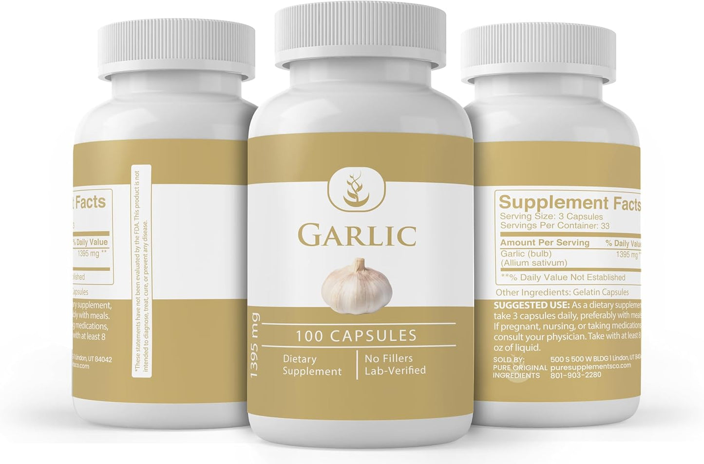 100% Pure Garlic Capsules - 100 Capsules, No Additives or Fillers, Lab Verified