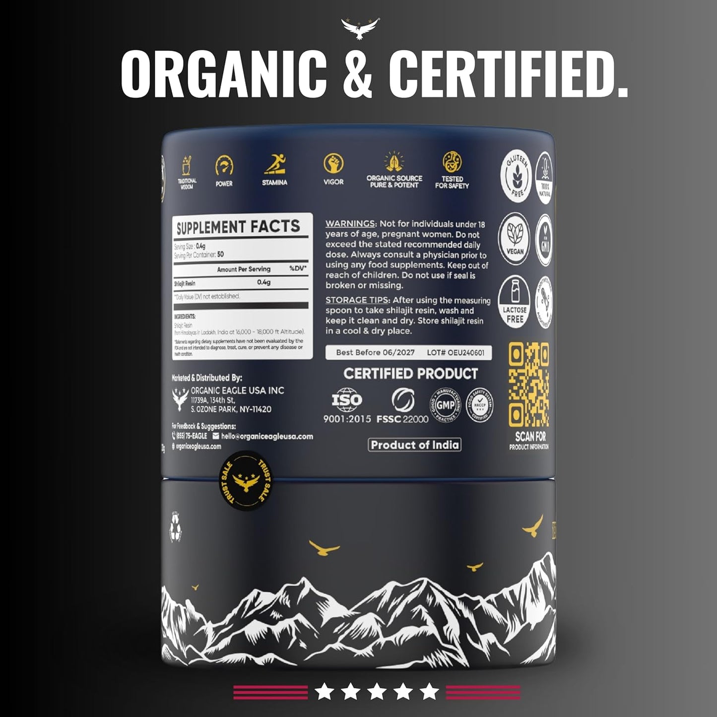 100% Pure Himalayan Organic Shilajit by ORGANIC EAGLE U.S.A | Natural Energy & Immunity Booster | 80+ Trace Minerals & 75%+ Fulvic Acid | Lab Tested | 50 Servings