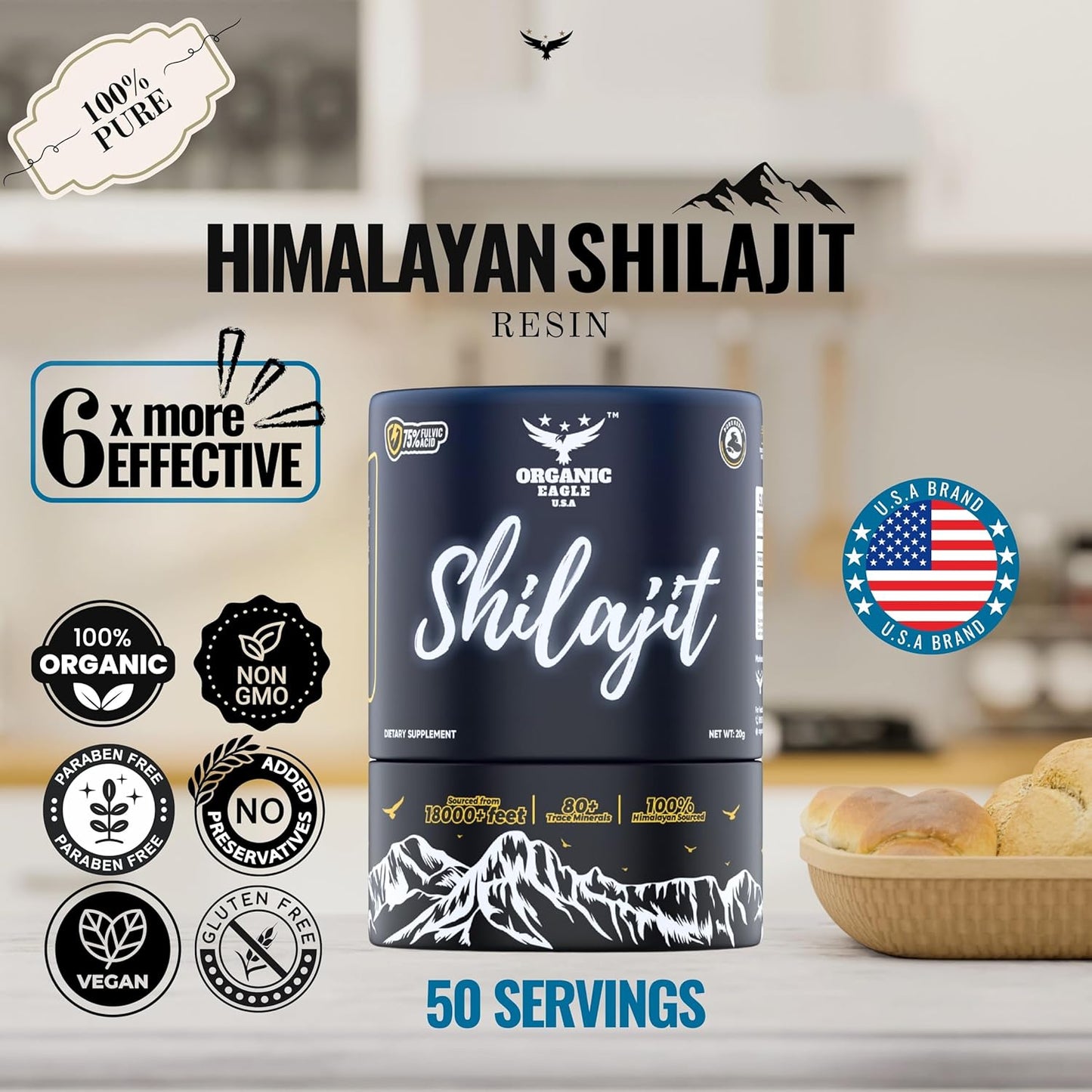 100% Pure Himalayan Organic Shilajit by ORGANIC EAGLE U.S.A | Natural Energy & Immunity Booster | 80+ Trace Minerals & 75%+ Fulvic Acid | Lab Tested | 50 Servings