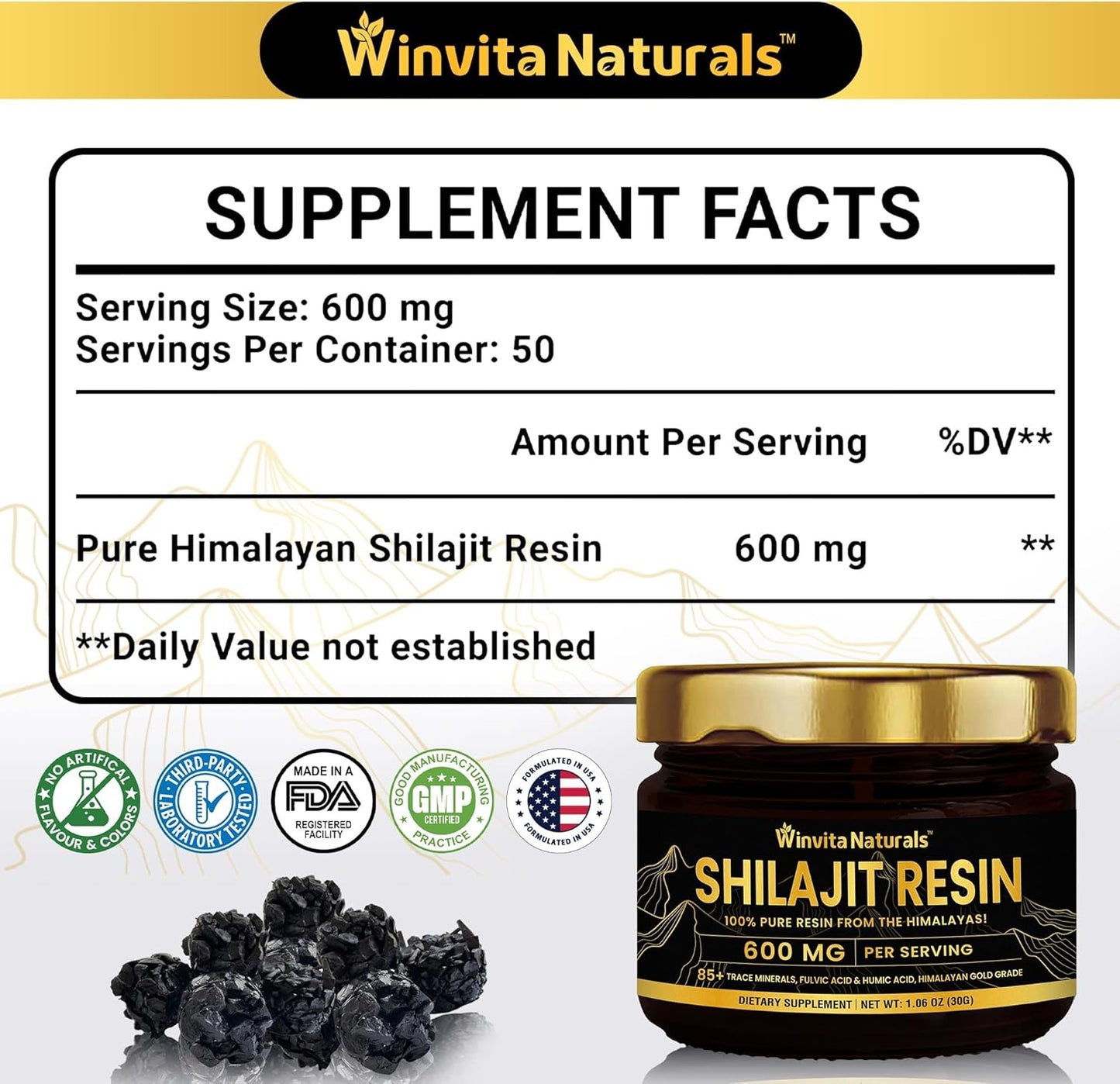 100% Pure Himalayan Organic Shilajit Resin - 600mg Gold Grade Supplement with Fulvic Acid & 85+ Trace Minerals for Energy, Focus, Metabolism & Immune Support - 30g