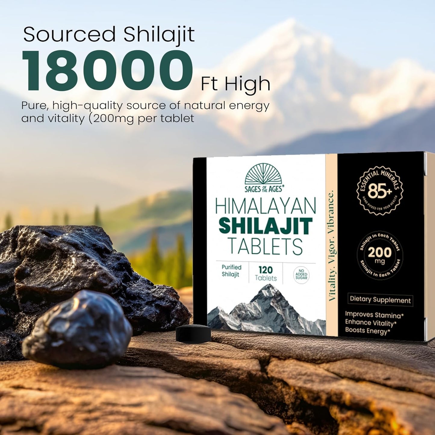 100% Pure Himalayan Shilajit Tablets with Fulvic Acid & 85+ Trace Minerals for Energy Boost - 120 Tablets for Women & Men