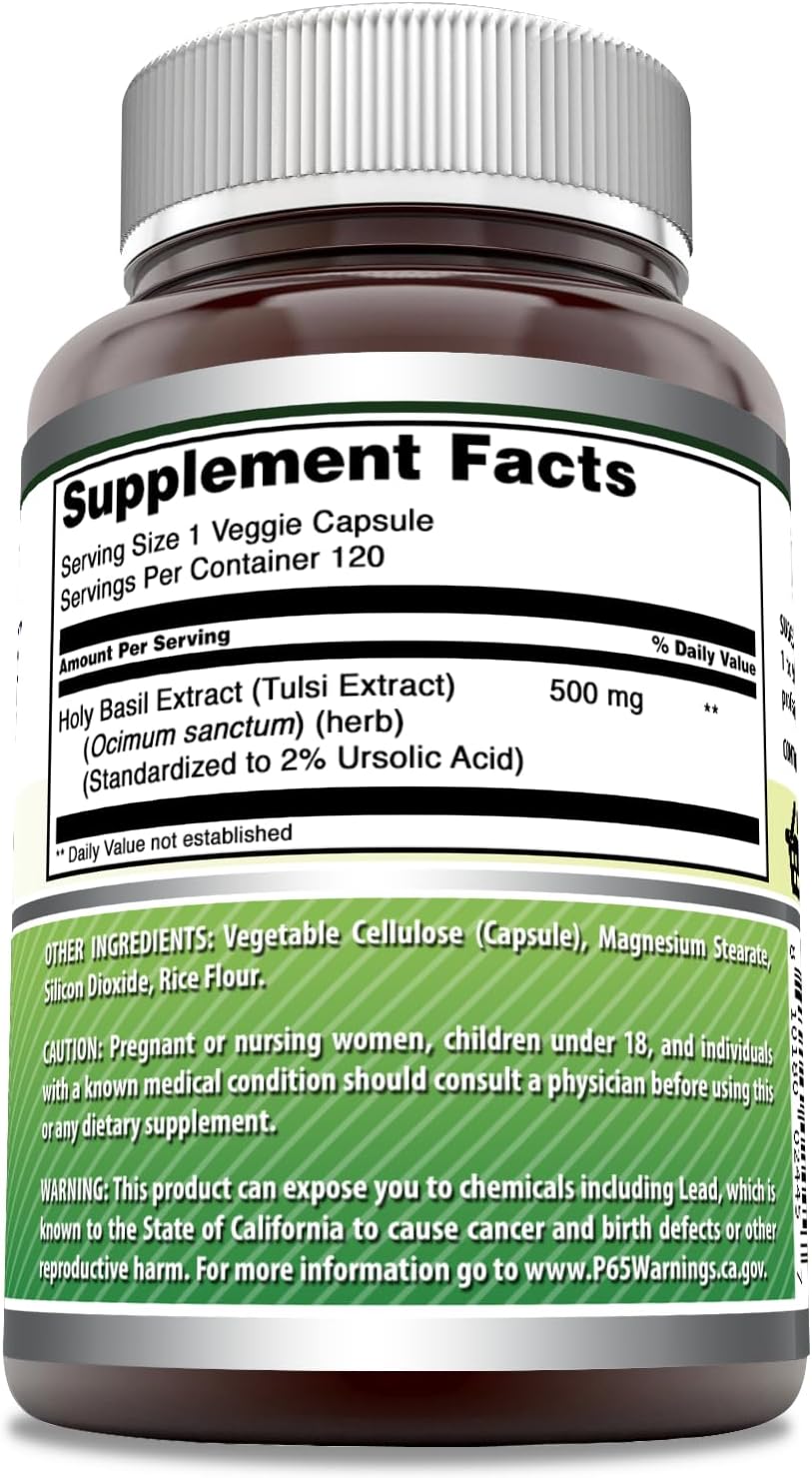 100% Pure Holy Basil Dietary Supplement - 500mg 120 Capsules - Tulsi Leaf Extract - Promotes Calm & Wellness - Amazing Formulas