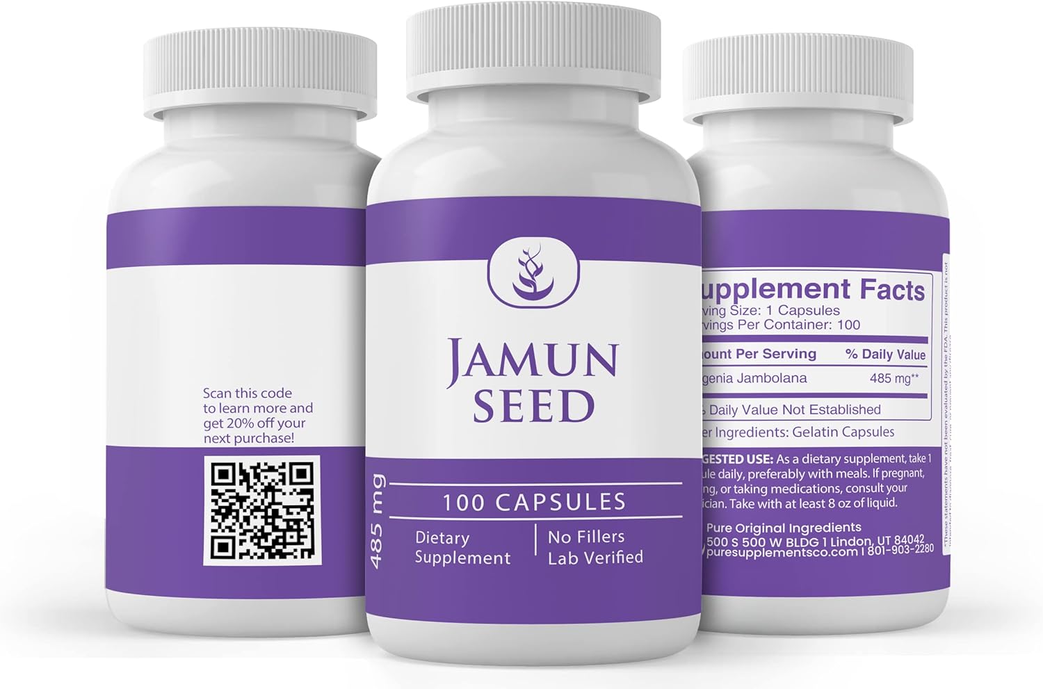 100% Pure Jamun Seed Capsules (100 Capsules) - Lab Verified, No Additives or Fillers