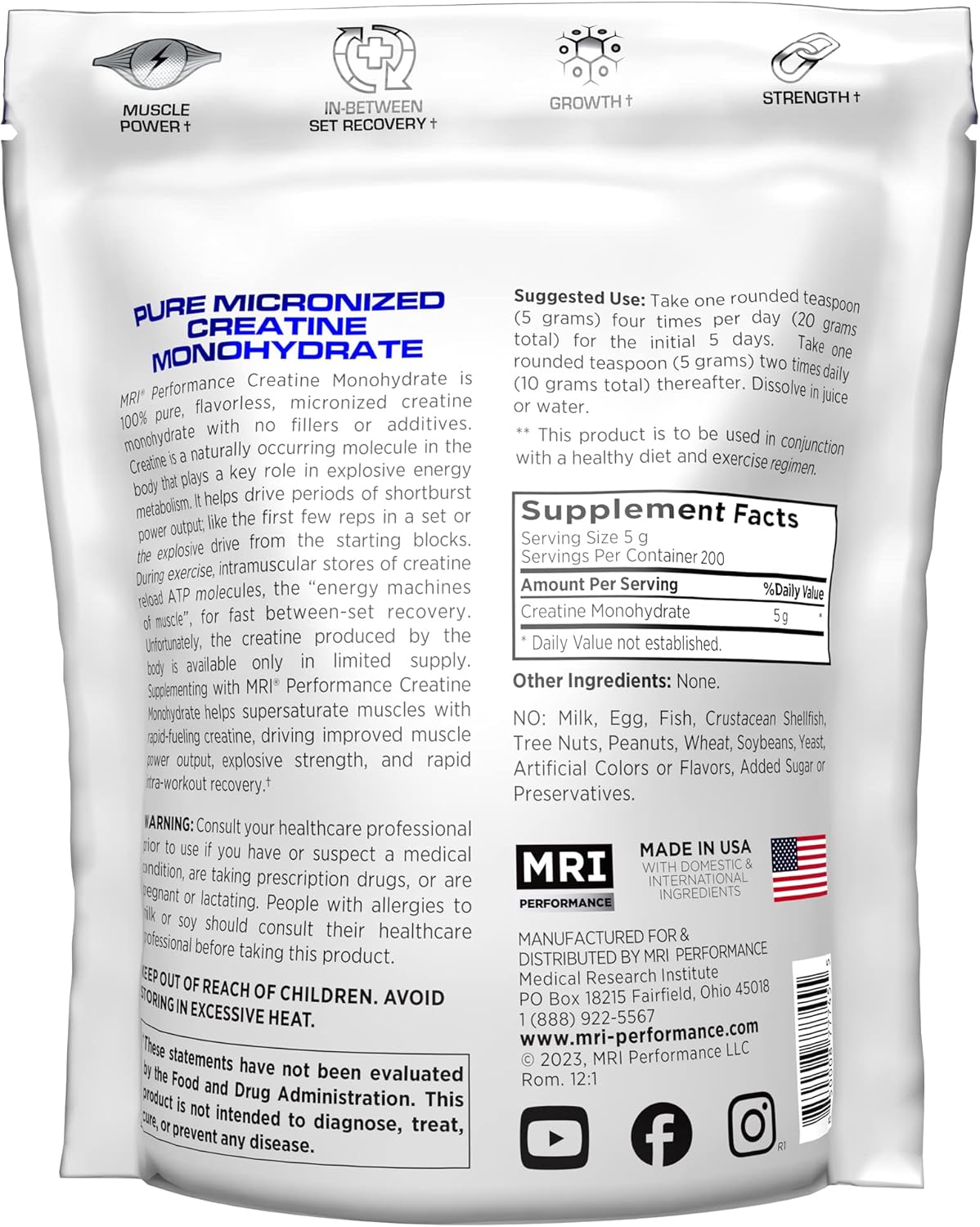 100% Pure Micronized Creatine Monohydrate Powder - Muscle Growth and Recovery Supplement for Increased Strength, Performance, and Endurance - 1000g Unflavored