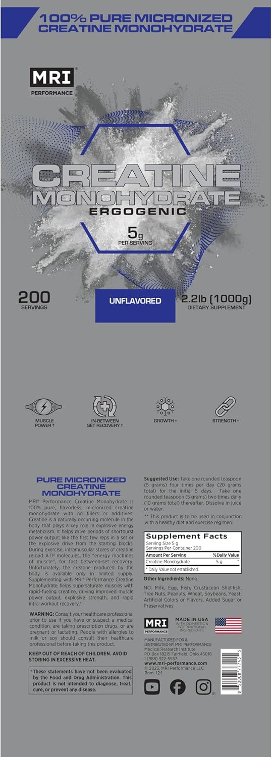 100% Pure Micronized Creatine Monohydrate Powder - Muscle Growth and Recovery Supplement for Increased Strength, Performance, and Endurance - 1000g Unflavored