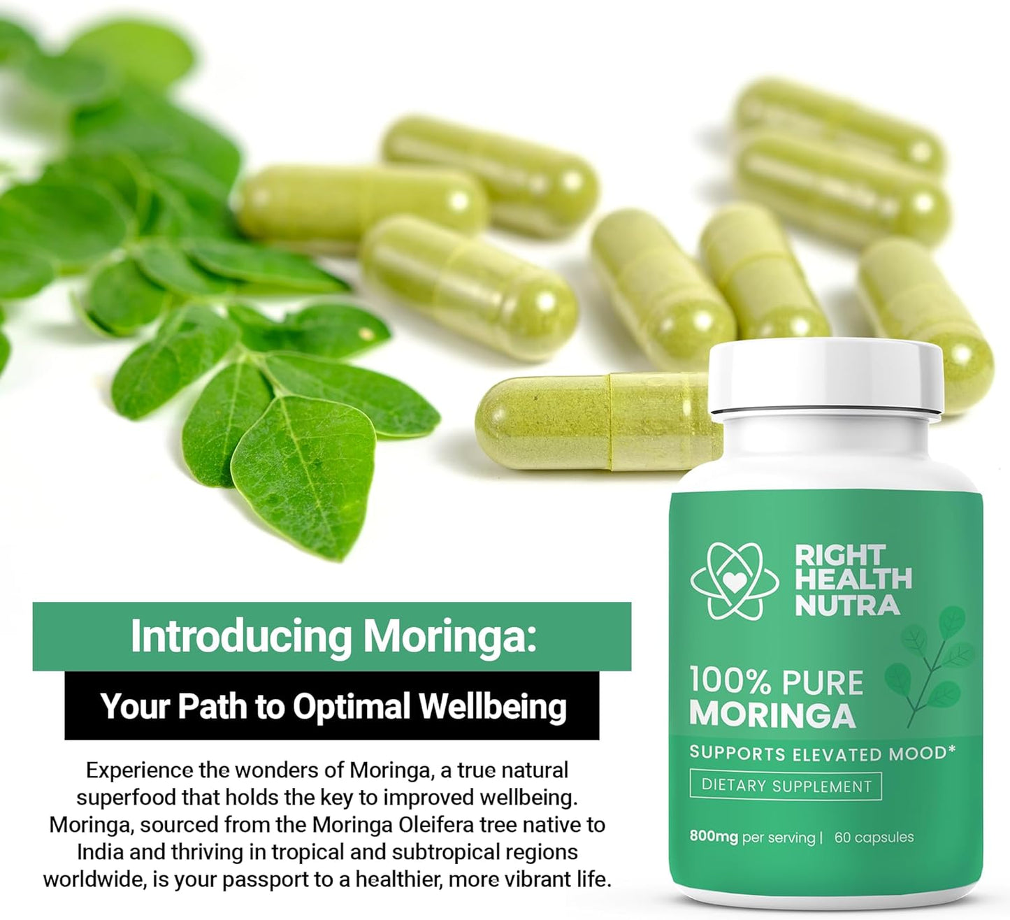100% Pure Moringa 800mg Capsules - Dietary Supplement for Mood, Concentration, Memory - Vitamins, Minerals, Nutrients included