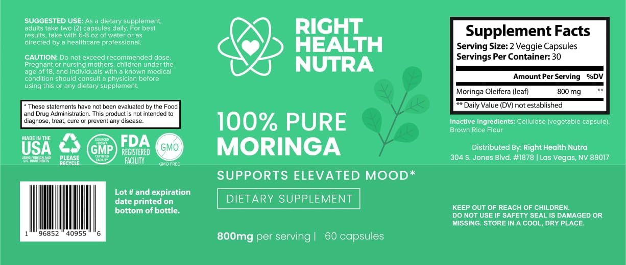 100% Pure Moringa 800mg Capsules - Dietary Supplement for Mood, Concentration, Memory - Vitamins, Minerals, Nutrients included
