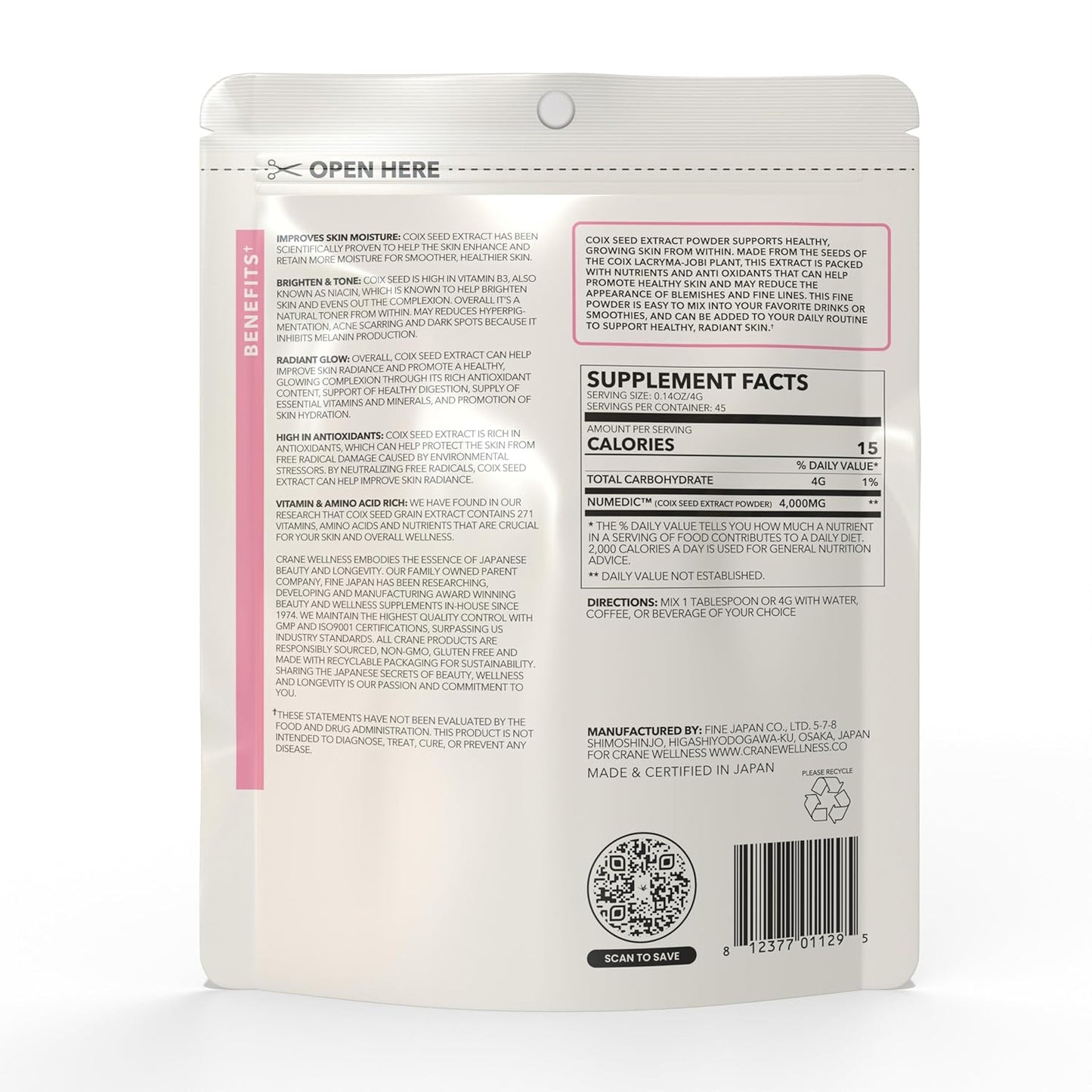 100% Pure Non-Gmo Coix Seed Extract Powder for Radiant Skin | Vegan, Gluten Free, Concentrated | Made in Japan