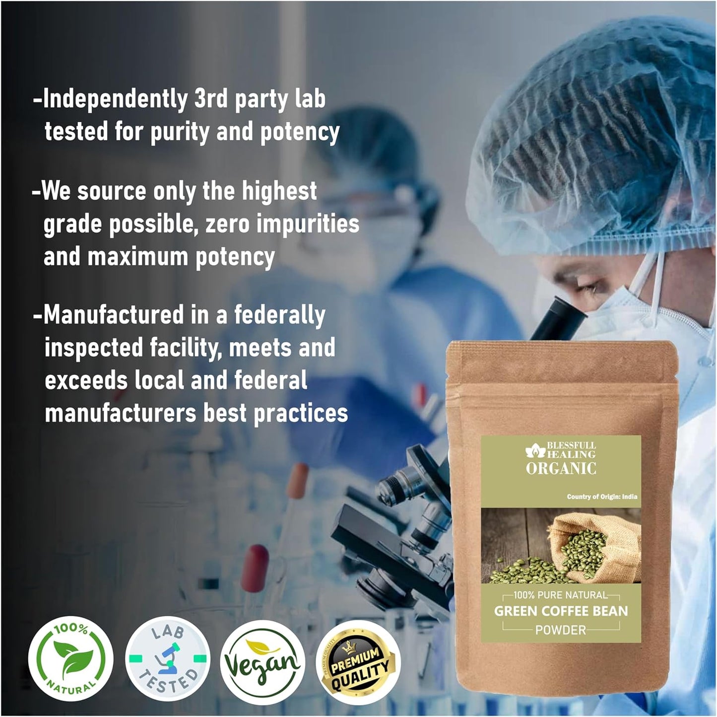 100% Pure Organic Green Coffee Bean Powder for Healing - 100g / 3.52 oz