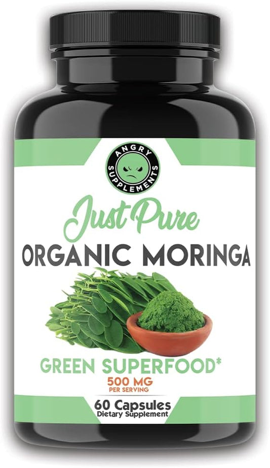 100% Pure Organic Moringa Leaf Powder Supplement for Body Detox and Digestive Health - Angry Supplements (1 Bottle)