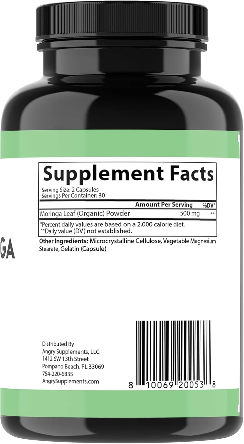 100% Pure Organic Moringa Leaf Powder Supplement for Body Detox and Digestive Health - Angry Supplements (1 Bottle)